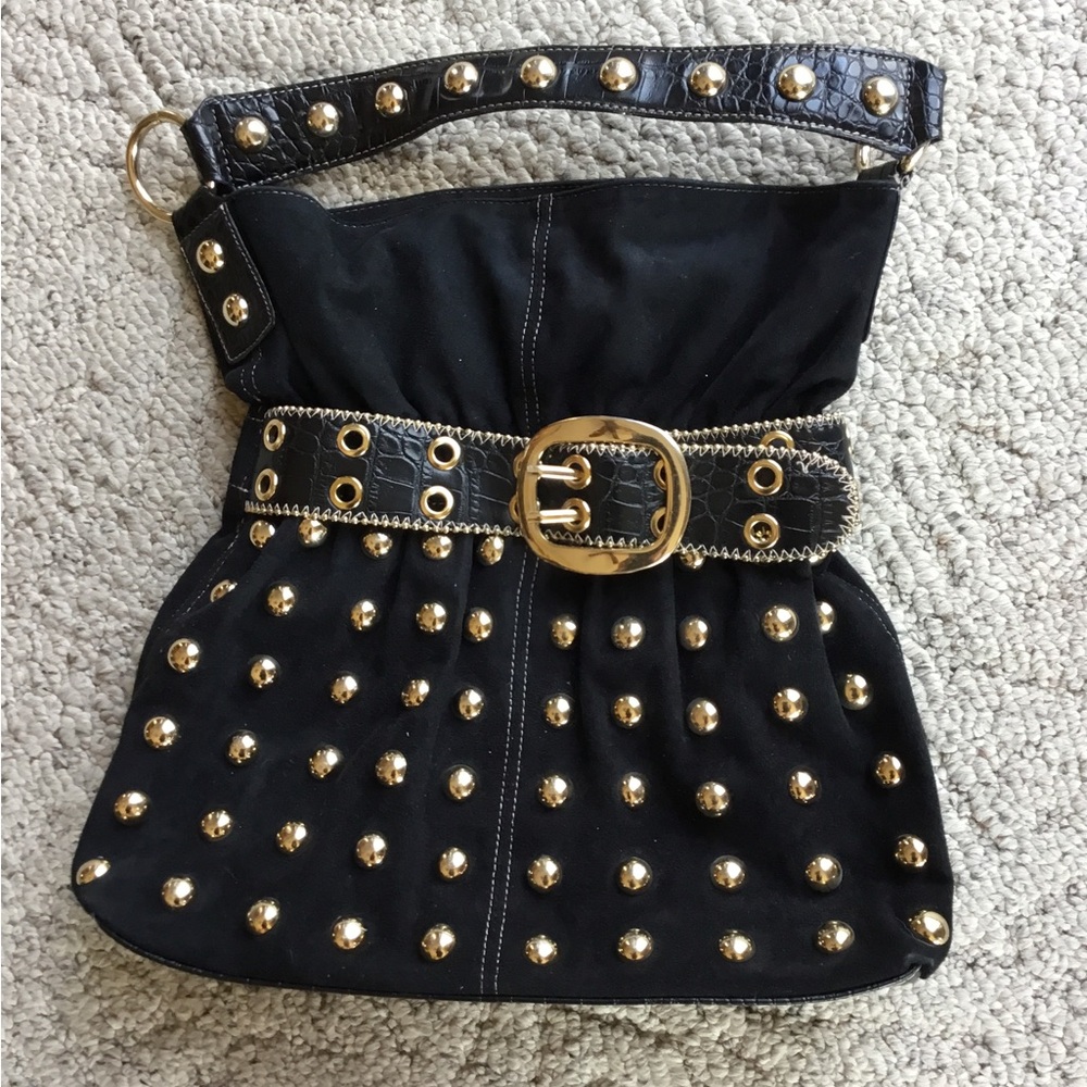 Kathy Van Zeeland Black Shoulder Bag with Gold Studs & Belt